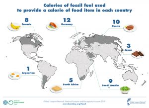 calories of fossil fuel used to provide a calorie of food in different countries